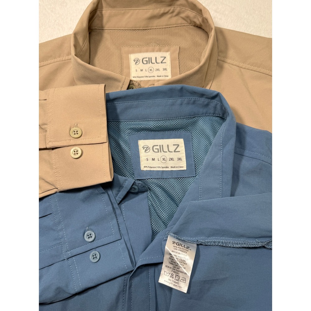 Gillz Men XL Fishing Outdoor Shirt Lot 2 Long Sleeve Vented Performance Blue Tan